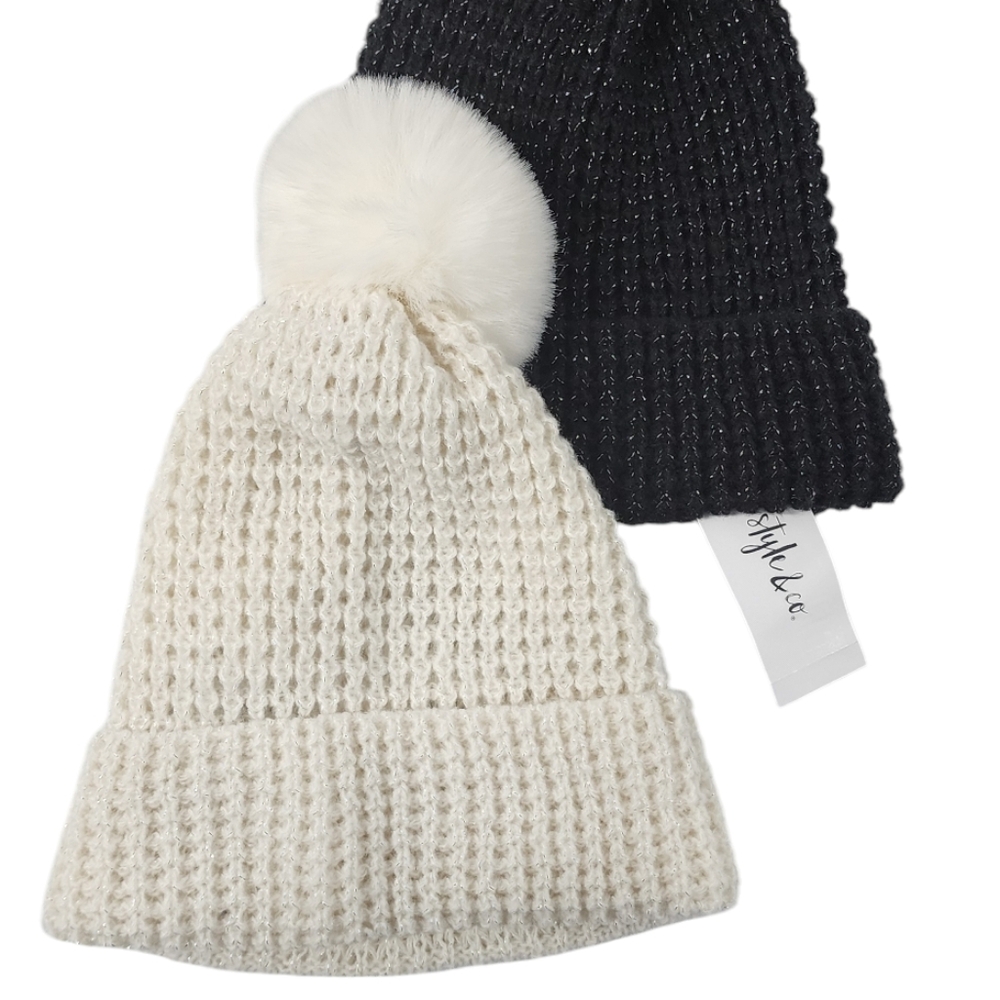 Style & Co Women's white Faux-Fur Pom Pom Shimmer Beanie